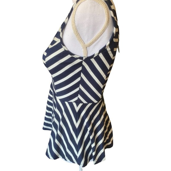 Green Envelope Casual Couture Peplum Top Blouse Nautical Blue White Striped Sz M - Picture 4 of 10